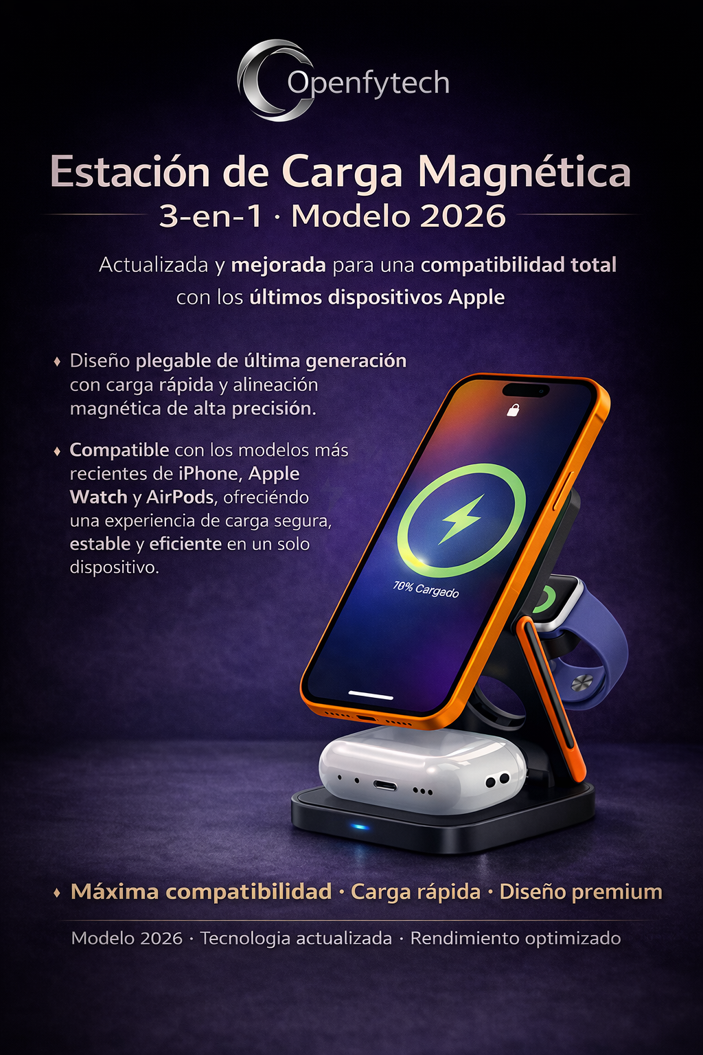 Estacion de carga rapida inalámbrica portátil 3 en 1 modelo 2026 para Apple