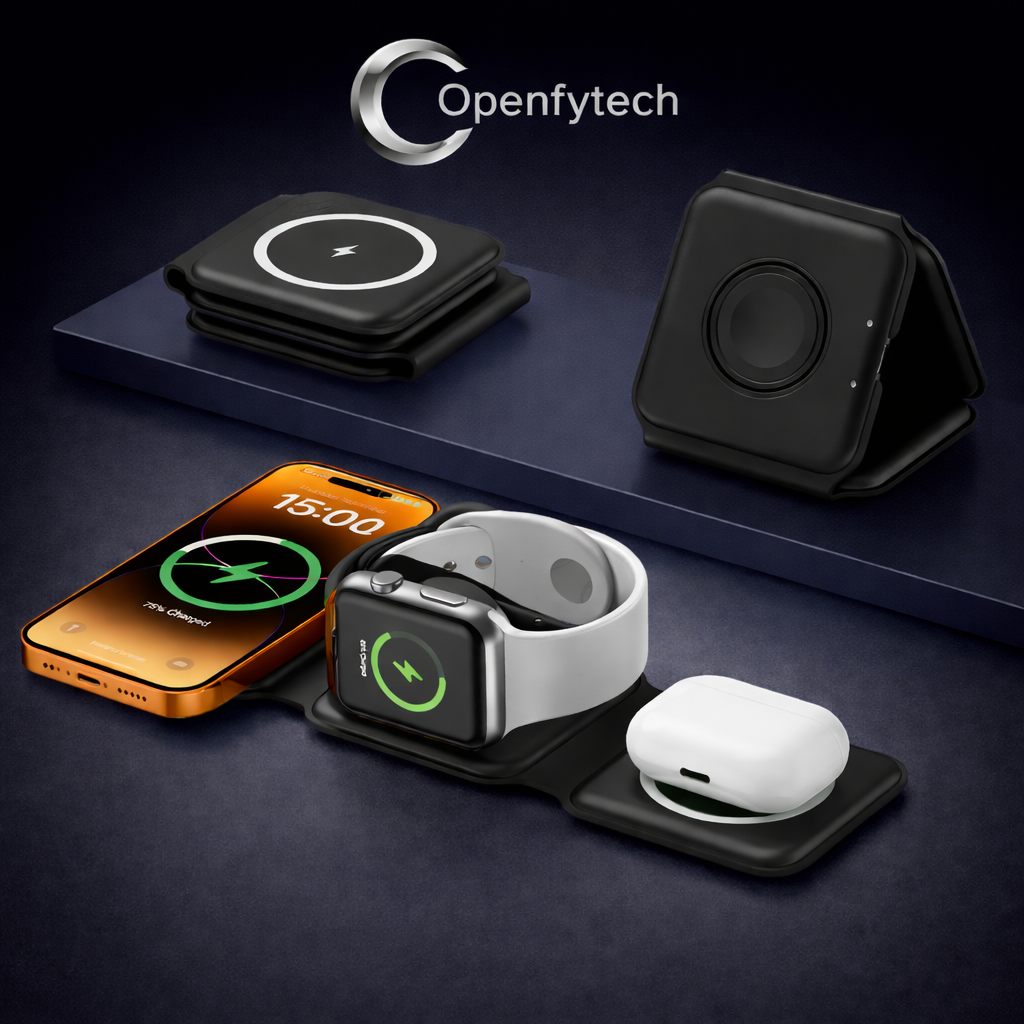 Estación de carga rapida inalámbrica portátil plana y triangular 3 en 1